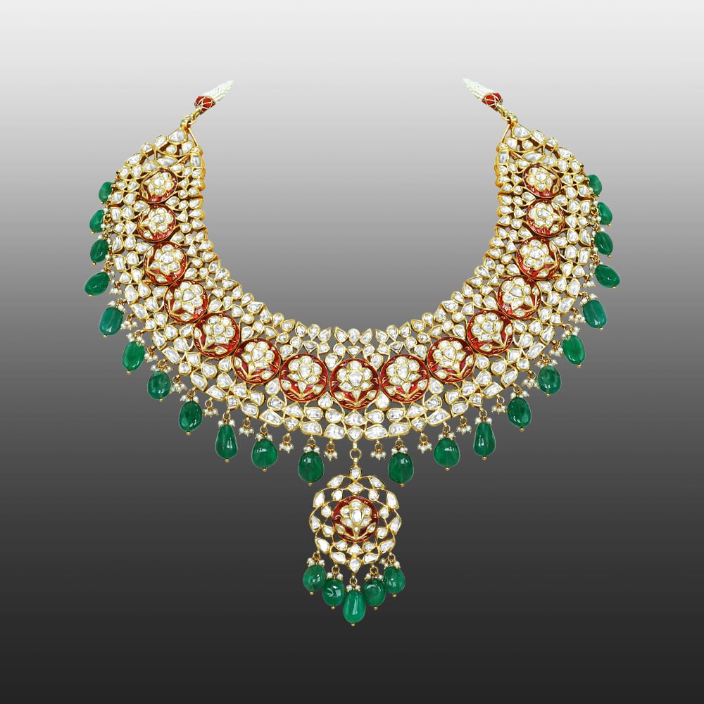 Polki Necklace with Red Enamel and Emerald Drops